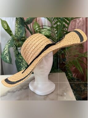 Wide Brim Straw Sun Hat with Black Trim - Women Accessories
